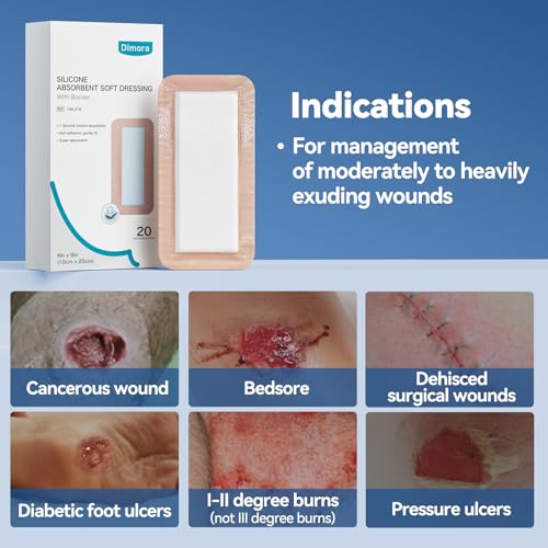 Image of Dimora 20 Count Silicone Super Absorbent Wound Dressing - 4 inch x 8 inch Soft Gauze Pads for Bed Sores Leg Ulcers Post Surgical Incisions, Adhesive Wound Bandage with Gentle Border