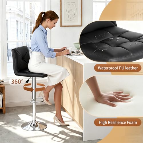 BestOffice Set de 2 Butacos Modernos Altura Ajustable con Giro de 360°, Asiento de Cuero Sintético, Base Metálica y Reposapiés (Negro) miniatura 4