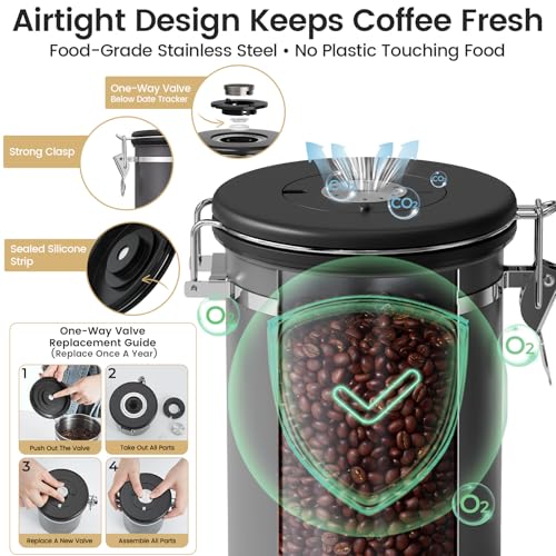 Image of Veken Coffee Canister with Window, Airtight Stainless Steel Container,Date Tracker, Kitchen Food Storage Jars for Beans, Ground, Espresso, Rice,Tea, Sugar, Cereal, Gifts, Scoop, Grey, 22OZ (Pack of 2)