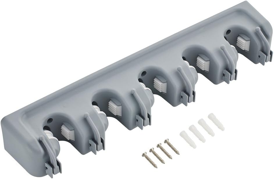 ZODIC Mop Broom Holder for Janitorial and Landscaping Garden Tool Organizer with 5-Slot and 6 Hooks for Home and Industrial Cleaning Supplies Grey