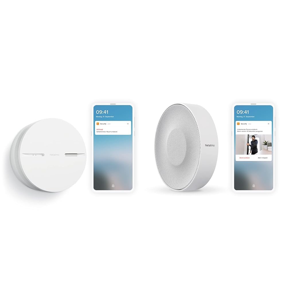 Netatmo Smarter Rauchmelder, 10-Jahres-Batterie, Selbsttest-Funktion, 85-dB-Alarm, Eigenständiges Gerät, EN14604 Zertifizierter, NSA-DE & Smarte Innen-Alarmsirene, drahtlos, WLAN, 110 dB