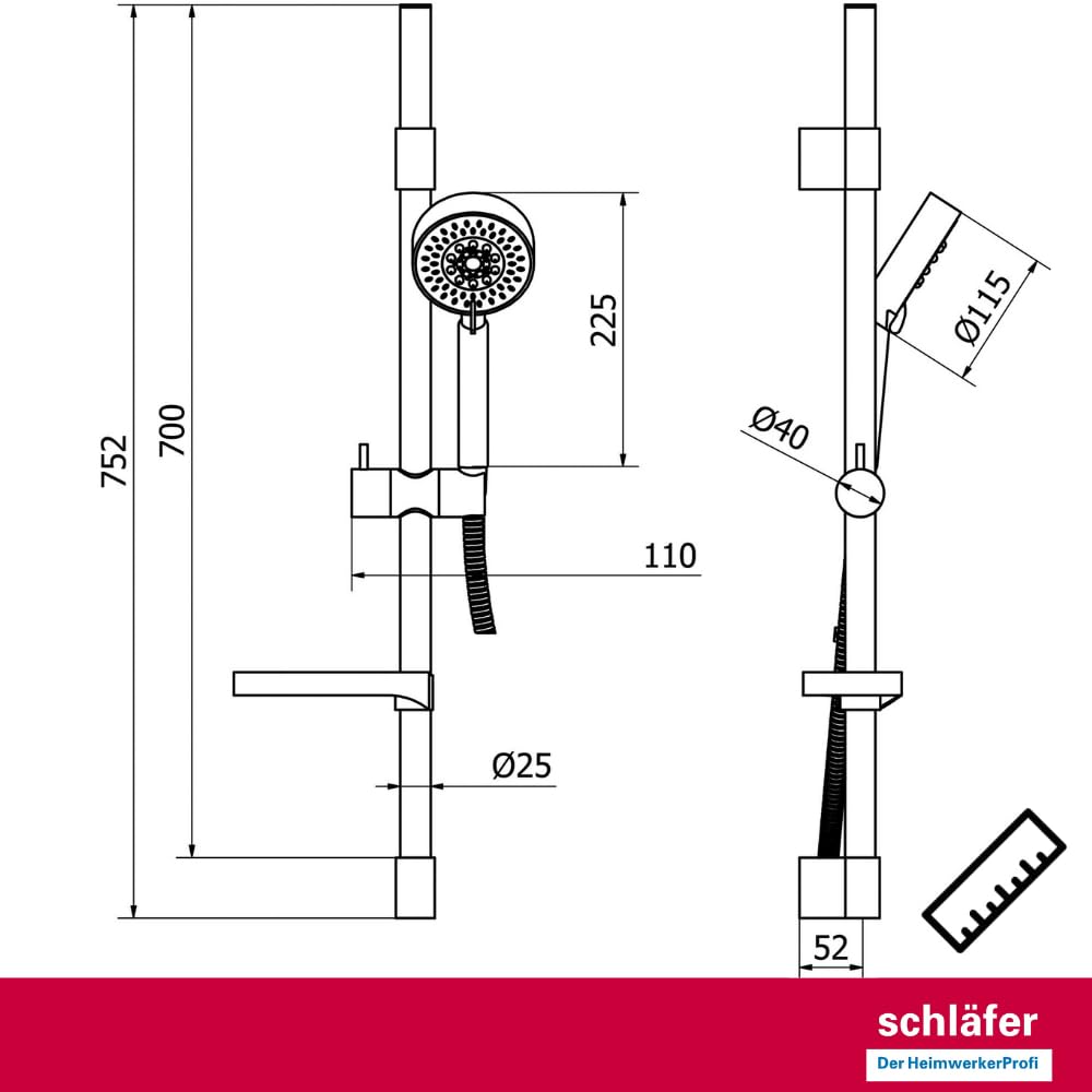 Schläfer 1317200 | Set Saliscendi Doccia con Soffione in Acciao Inox, Asta Doccia Regolabile 40-62cm, Doccetta a 5 Getti con Sistema Anticalcare Cromato, Flessibile Doccia e Portasapone Incluso