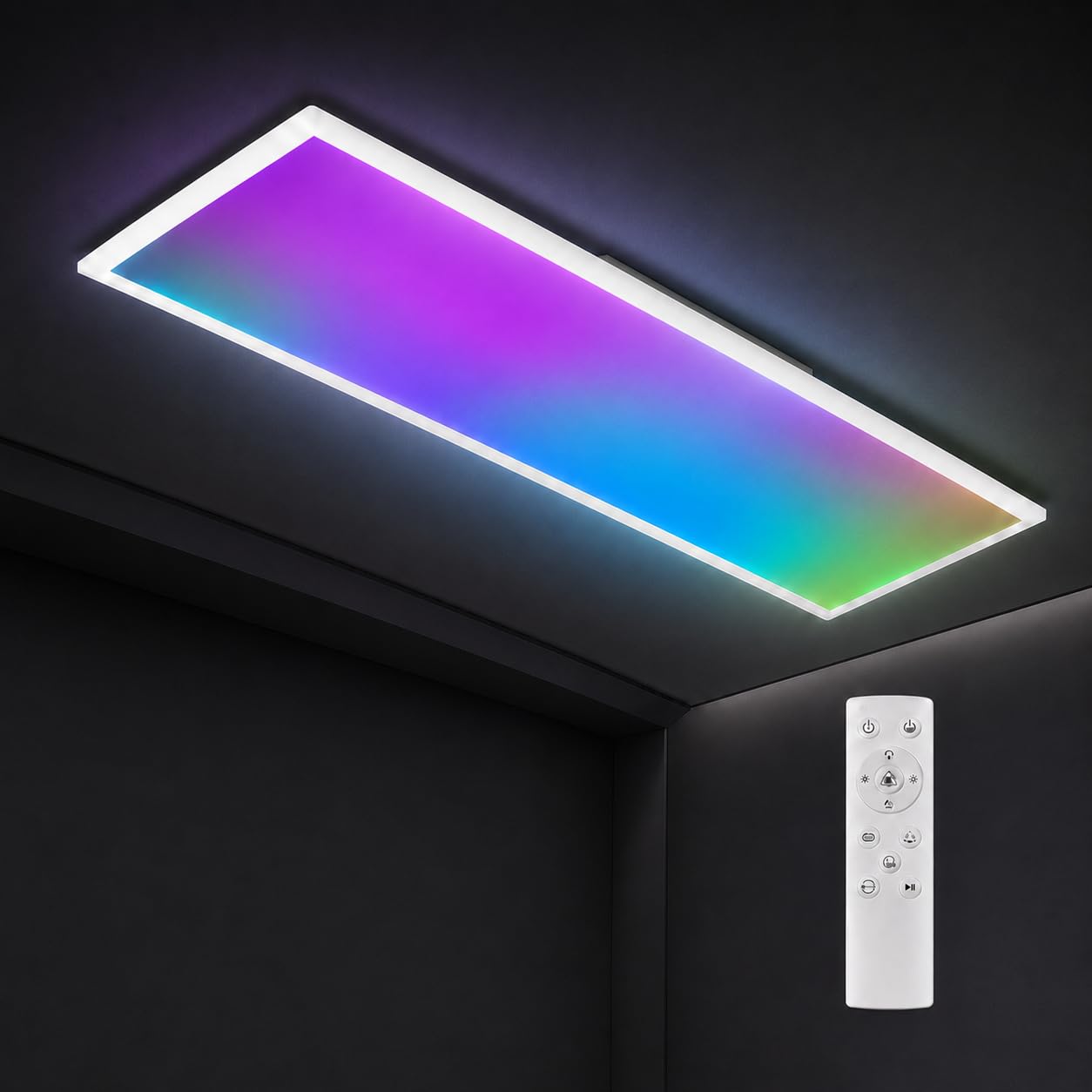 Lampa sufitowa LED 120 x 30 cm, 39 W, ściemnialny panel sufitowy RGB z pilotem, CCT 3000 - 6500 K, tryb nocny, timer 30 min, wbudowany sterownik, biały