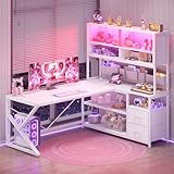 SEDETA L Shaped Gaming Desk, Home Office Computer Desk with 2 Drawer and Bookshelf, L Shaped Gaming Corner Desk with LED Light, Glass Cabinet,Storage Bag and Storage Shelves, White