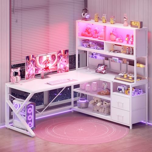 SEDETA L Shaped Gaming Desk, Home Office Computer Desk with 2 Drawer and Bookshelf, L Shaped Gaming Corner Desk with LED Light, Glass Cabinet,Storage