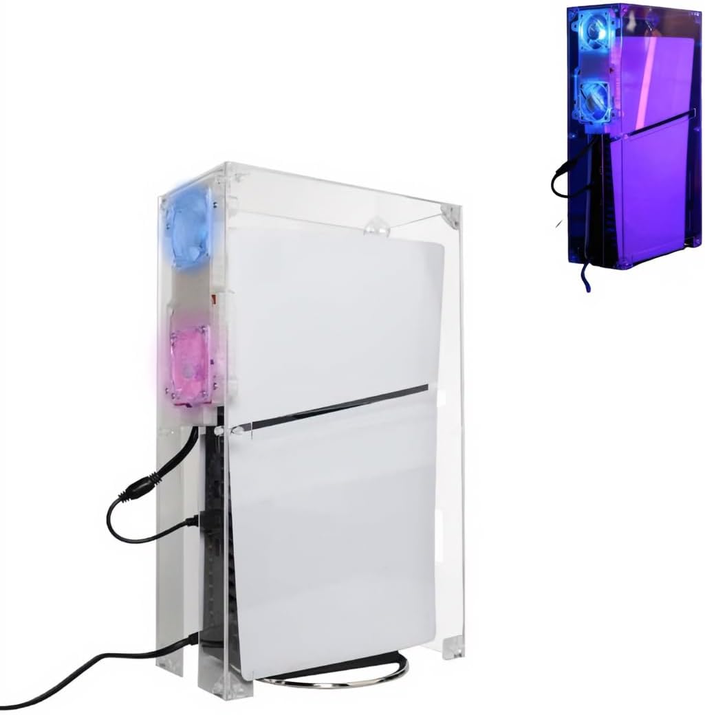 PC Cooling Dust Cover Compatible with Sony PS5 SLIM – Transparent Protective Case with Dual Fans and RGB Lights