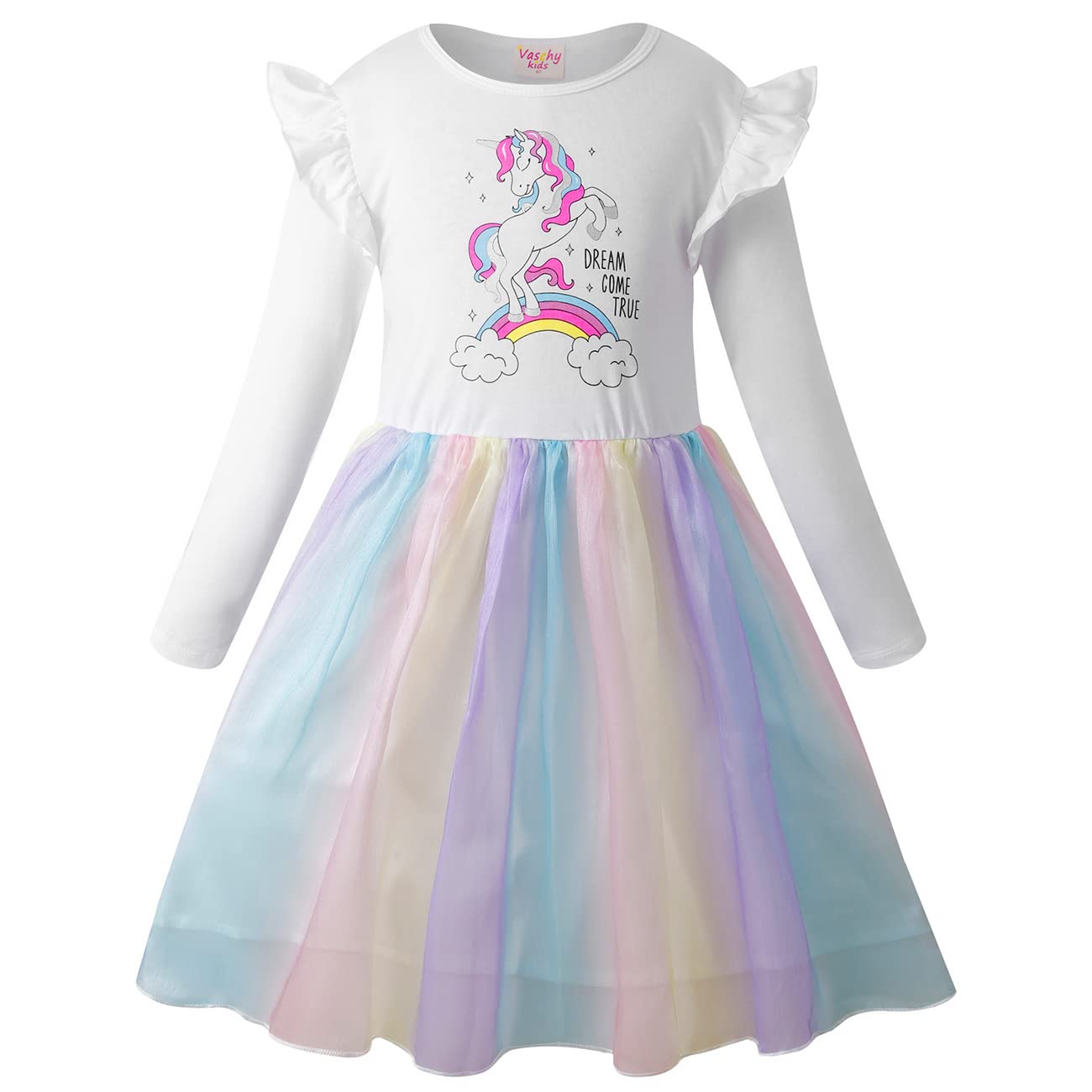 VASCHY Vestidos de Niña, Vestido Manga Larga Vestido Unicornio Princesa Mariposa Sirena Vestidos Ropa Tul Fiesta de Verano Vestido Festivo 2-10 años