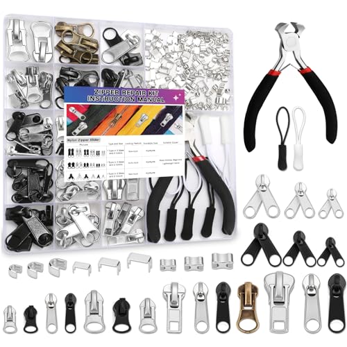 MAPVOLUT 280-Piece Universal Zipper Repair Kit - Fix Jackets Luggage Backpacks & Outdoor Gear! Includes Metal Sliders Pulls Stoppers Pliers & Case (Black/Silver)