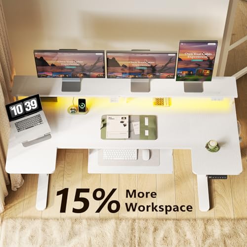 Image of OffiGo U Shaped Electric Standing Desk with Keyboard Tray, 63 Inch Height Adjustable Desk with Power Outlets & LED Lights, Sit Stand Table with Monitor Stand for Home, Office, White