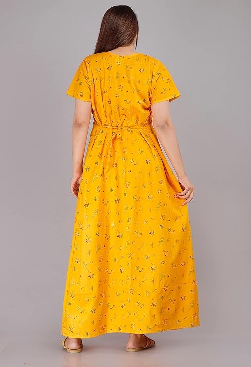 Image of OFEEFAN Women's Cotton Embroidered Jaipuri Nighty Gown - Pack of 2 Rajasthani Print Maxi Night Dress with Pocket - Soft & Comfortable Ladies Sleepwear & Loungewear
