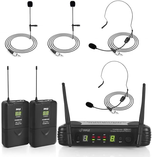 Pyle Sistema de micrófono inalámbrico de 2 canales juego de micrófono de audio digital UHF portátil con 2 auriculares 2 solapas Lavalier 2 Pyle Sistema de micrófono inalámbrico de 2 canales juego de micrófono de audio digital UHF portátil con 2 auriculares 2 solapas Lavalier 2
