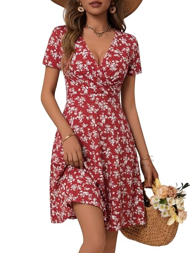 Image of MSBASIC Womens Summer Wrap V Neck Casual Dresses Floral Short Sleeve A-Line Midi Sundress