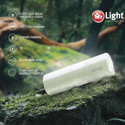 Image of Mr. Light Torch Rechargeable with Emergency Light, 210 Lumens, 800mAh Battery, USB Type-C Charging, 5 Modes Dimmable, Mini Portable Flashlight for Daily Use(Pista Green)