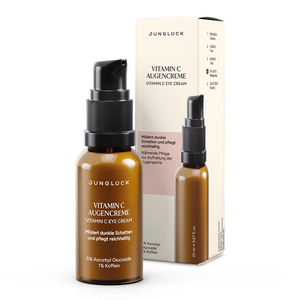 JUNGLÜCK Crema de ojos con vitamina C – Cuidado de ojos antienvejecimiento contra ojeras y sombras oscuras – Tratamiento hidratante antifatiga con cafeína para aclarar visiblemente el contorno de los