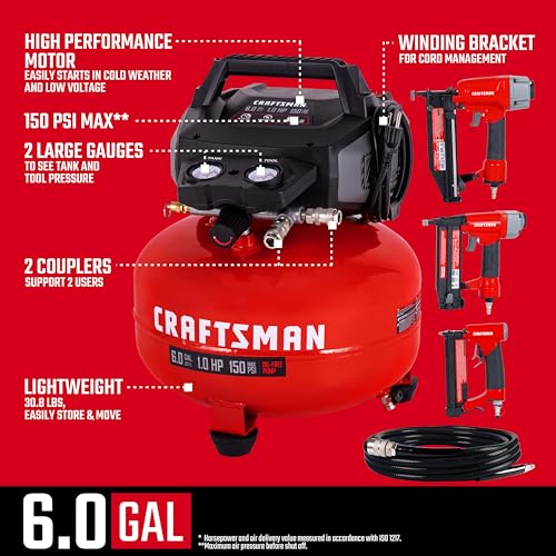 Craftsman 6-Gallon Pancake Air Compressor 4-Tool Combo Kit, 150 PSI, Oil-Free, Includes 16GA Finish Nailer, 18GA Brad Nailer, 23GA Pin Nailer & 25-Ft Air Hose, Model CMXECXA0210641K by CRAFTSMAN - Image 4