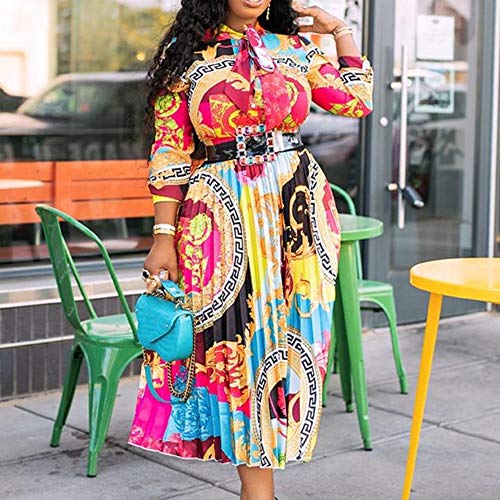 Image of VERWIN Bow Collar Patchwork A-Line Color Block Women's Long Sleeve Dress Midi Dress