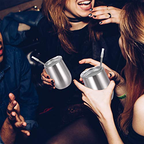 Stainless Steel Stemless Wine Tumbler Funny Wine Glasses With Lid And Straw Double Wall Vacuum Insulated Wine Cup For Wine, Champagne, Cocktails, Soda, Whiskey And Beer Set Of 6 Silver 12 Oz #TOP2