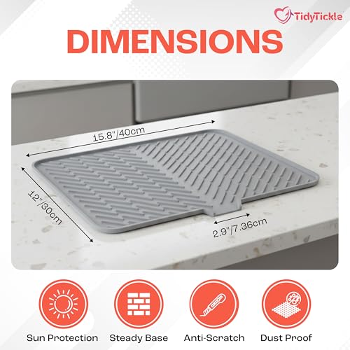 Image of Silicone Dish Drying Mat for Kitchen, Drying Mat for Kitchen Utensils Large 40x30cm with Built-in Drain Lip, BPA-Free Heat Resistant Dish Drying Mat for Countertop & Sink Area (Grey)