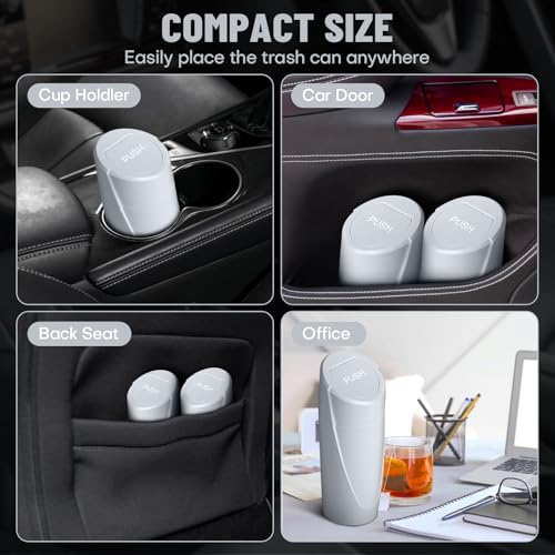 Image of Car Trash Can Bin with Lid - Car Garbage Can Cup Holder - Grey Mini Leakproof Vehicle Garbage Bin with 20pcs Trash Bags-Automotive Organizers and Storage for Front Back Seat Accessories