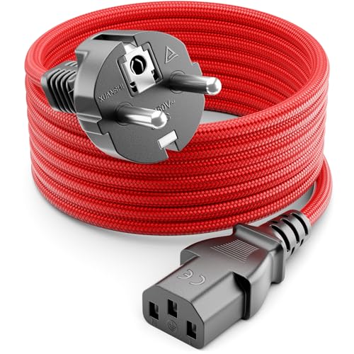 deleyCON 5m Cavo Alimentazione - Linea Nylon - Cavo Corrente Alimentazione 3 Poli Spina Tipo F a Presa C13 PC Computer Monitor Stampante Proiettore - Rosso