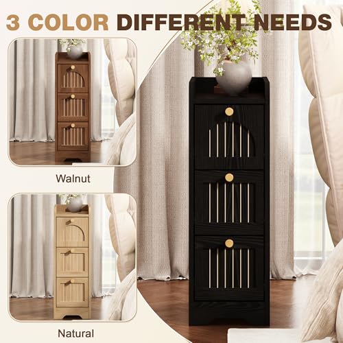 Image of 7.87 inch Narrow Nightstand Set of 2, Fluted Slim Bedside Table with 2 Drawers, Mid Century Modern Small End Table with Gold Metal Handles, for Bedroom, Living Room & Small Spaces - Black
