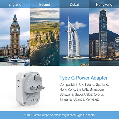 US to UK Plug Adapter, TESSAN Type G Ireland Travel Adaptor with 4 Electrical Outlet 3 USB Charger, USA to England Scotland London Dubai Hong Kong Singapore Kenya British Malaysia Tanzania4