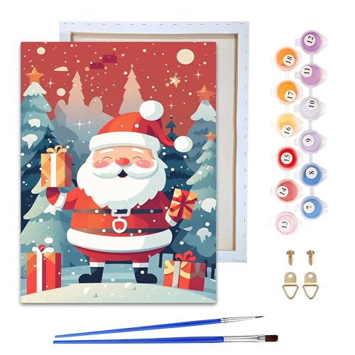Reofrey Framed Paint by Numbers Kit for Adults & Beginner - 20x30cm Canvas Christmas Paint by Numbers - Santa Claus Educational & Creative Art Set for Beginners - Perfect for Home Wall Decoration