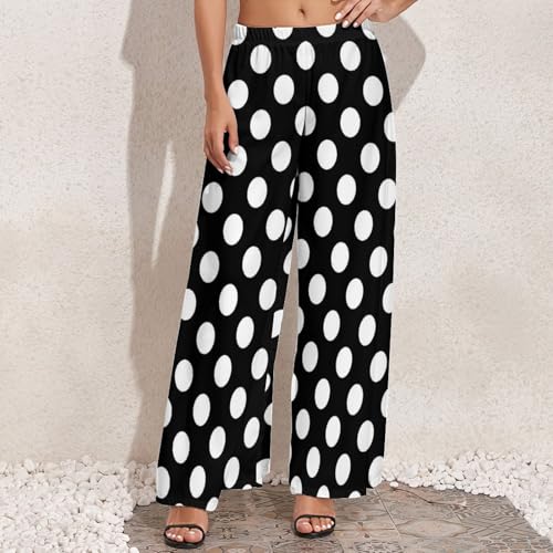 Black White Polka Dots Palazzo Pants for Women, Soft Womens Wide Leg Baggy Pants, Comfy Lounge Pants for Women3
