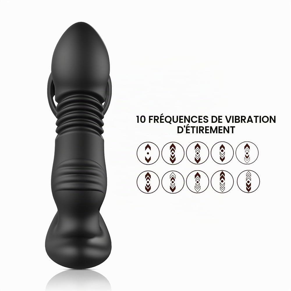 Masseur de Prostate Vibrant 3-en-1 avec Anneau Pénien - 10 Modes de Vibration & Poussée Télescopique - Plug Anal avec Télécommande - Silicone Médical & Étanche IPX7 - Noir