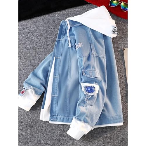 Mens Loose Fit Denim Coat Hooded Long Sleeve Single Breasted Washed Jeans Jacket Spring Autumn Spliced Casual Outerwear3