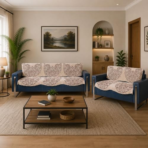 Image of Beige Phoolkari Chenille Woven Anti-Slip 3 Seater + 2 Seater Sofa Cover | L-Shape Sofa Seat Protector for Living Room | Durable & Stylish Slipcover