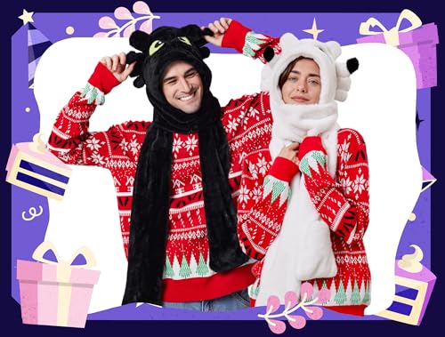 dressfan 3 in 1 Plüsch Schwarz Drachen Hut Schal Handschuhe Set für Damen & Herren, Weicher Winter Warme Beanie Hut, Neuheit Lustige Geburtstagsgeschenke