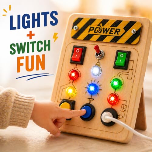 Image of SHINETOY Wooden Busy Board Sensory Toy - Power Control Panel with LED Indicators, Toggle Switches & Big Push Button | Learn Electricity & Circuits | Safe & Fun Gift for Boys & Girls