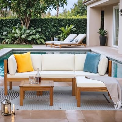 Greesum 5 Piece Outdoor Acacia Sofa Waterproof Cushions and Table, Padded Patio Conversation and Chairs Set for Garden, Backyard, Poolside, Beige