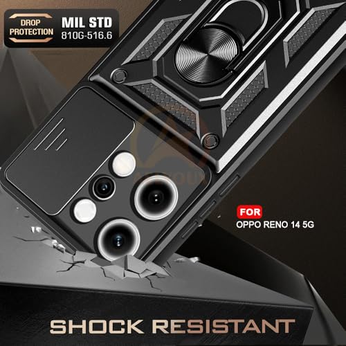 Image of Armor Bumper Back Cover Case for Oppo Reno 14 5G Rotating Camera Cover, Ring Holder & Kickstand | Heavy Duty & 360 Degree Protection Oppo Reno 14 5G Back Cover (Black)