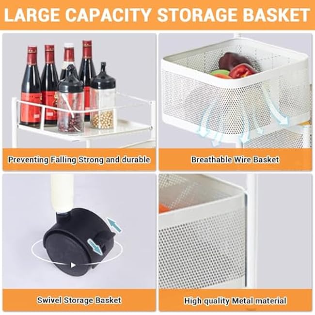 5 Tier Rolling Storage Cart, Metal Mesh Rolling Cart Organizer with Top Lid, Rotating Kitchen Storage Cart, Organizador de Frutas Y Verduras for Fruit Vegetable Grocery Storage No Assembly-ZNn6qDR7