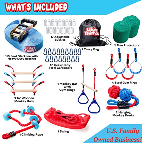 Double Ninja Slackline Obstacle Course For Kids | 110 Foot Line | Monkey Bars Playground Equipment | Ninja Warrior Obstacle Course For Kids | Patented Double Line Design (Deluxe) #TOP4