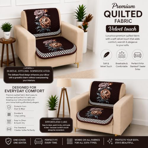 Image of Homerz 'Brooklyn Series' Premium Sofa Cover | Quilted Floral Design | Non-Slip Washable Sofa Protector | Soft Anti Slip Fabric (Ny Brown, 1 Seater, Seat Cover with Backrest)