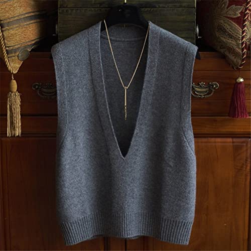 100% Cashmere V-Neck Sweater Vest Ladies Sleeveless Pullover Sweater Solid Color Knitted Vest (Gray S)3