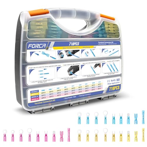 FORCA 710PCS Marine Grade Heat Shrink Wire Connectors Kit, AWG 22-10 Waterproof Electrical Solder Seal Wire Connectors, Ring Fork Spade Butt Splice Connectors (3Colors/27Size)