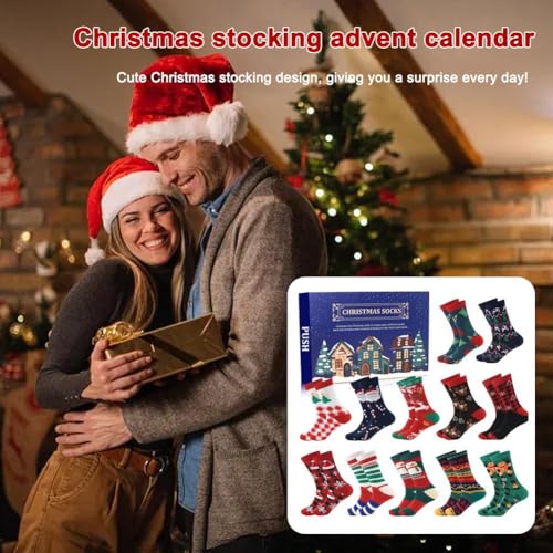 Socks Advent Calendar 2024, Funny Advent Calendar 2024 with 12/24 Pairs Socks, 24 Days Christmas Countdown Calendar, Warm Soft Cotton Christmas Socks for Women Men Adults (Blue 12 Pairs)2