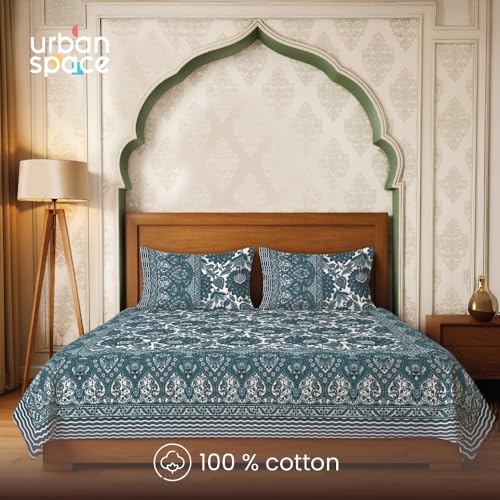 Image of Urban Space 100% Cotton Handcrafted Premium Printed Double Size Bedsheet with 2 Pillow Covers, 240 TC Cotton Double Bedsheet (90 x 100 Inches, Morbagh)