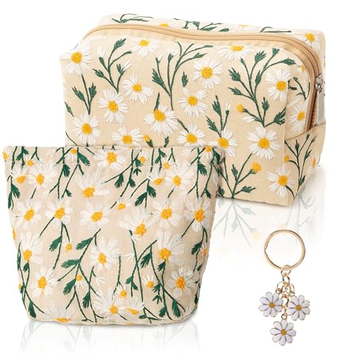 FYSL Juego de neceseres para mujer con llavero de margaritas, bolsa de viaje floral, organizador de maquillaje, regalo para niñas y mujeres, beige