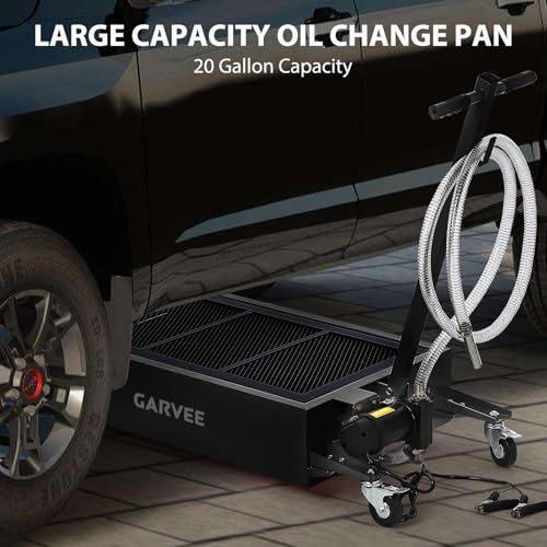 Image of Garvee 20 Gallon Oil Drain Pan Oil Drain Tank with 12V Electric Pump, 76L Low Profile Oil Drain Pan, Oil Change Pan with T Foldable Hand and Wheels, 8FT Hose Oil Drain Cart (Electric Pump-12V-Black)