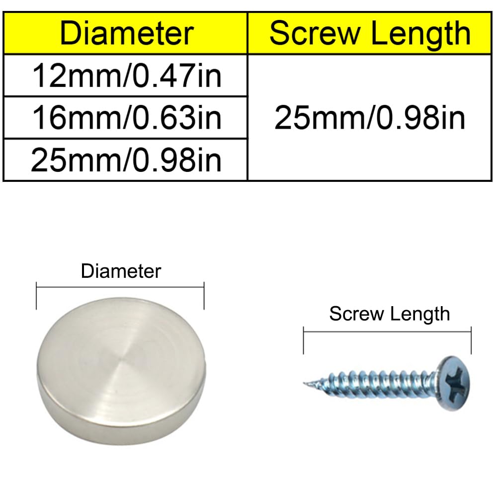 SEIWEI 10 Pieces Stainless Steel Screw Cover Cap, 12mm Diameter Mirror Decorative Screws with Caps Silver Mirror Screws Fasteners, Sign Advertising Hardware, Nails, Construction