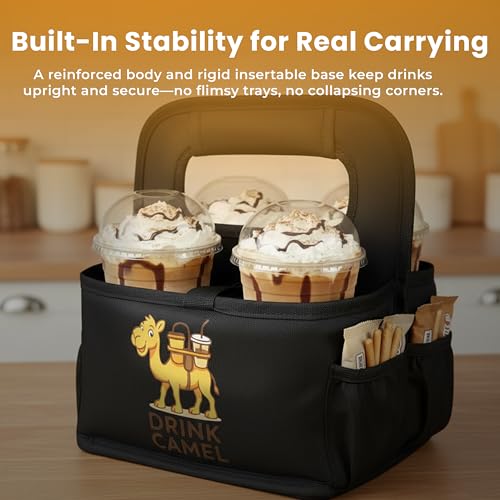 Reusable Drink Carrier with Handle – Durable No-Spill Insulated & Collapsible Beverage Bag with Pockets, Portable Caddy for On-the-Go Delivery, Travel & Car Use (4 Cup Carrier, Black) - view 2