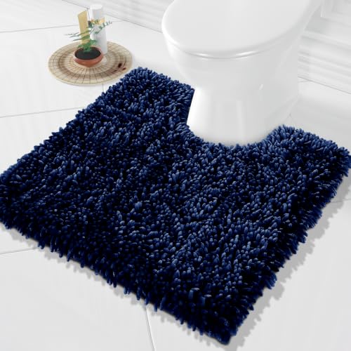 Image of Yimobra Toilet Rugs U Shaped Washable, Extra Thick Soft Absorbent Chenille Contour Bathroom Rugs for Toilet 24x20 Inch, Quick Dry Non Slip Toilet Mat for Bath Floor, Dark Blue