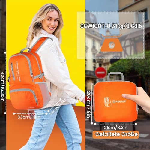 ZOMAKE Faltbarer Rucksack Leicht,Wanderrucksack Groß Rucksäcke,35L(Orange) – Ansicht 2