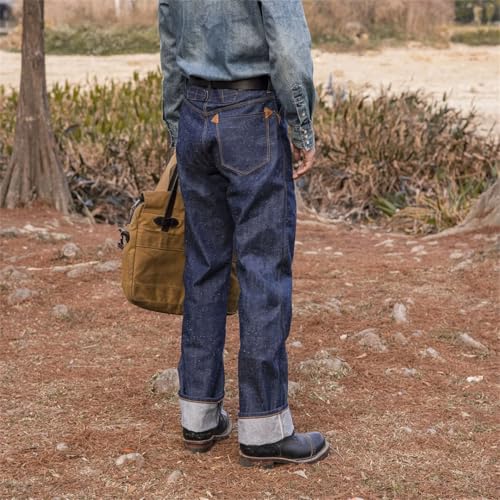 Men’S Vintage Loose Fit High Waist Selvedge Neppy Cotton Full Length Jeans Button Fly Midweight Daily Wear Pockets3
