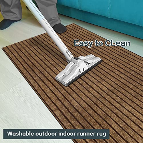 Heyroll Custom Size Hallway Runner Rug, Backed Non-Slip Waterproof Runner Rugs, Washable Outdoor Indoor Carpet Runner Rug For Floor, Entryway, Kitchen, Laundry, Balcony, Garage 2' X 6', Stripe Brown #TOP4